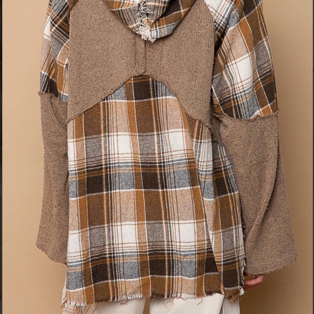 POL Plaid Oversized Hoodie Women's Plaid Contrast Top with Raw edge detail #S28 - Picture 5 of 7